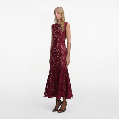 SP Burgundy Guipure Lace Mermaid Midi Dress