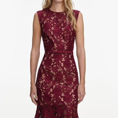SP Burgundy Guipure Lace Mermaid Midi Dress