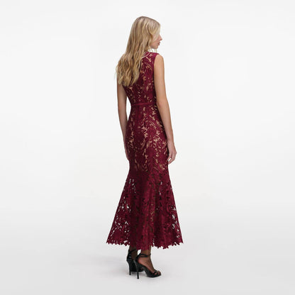 SP Burgundy Guipure Lace Mermaid Midi Dress