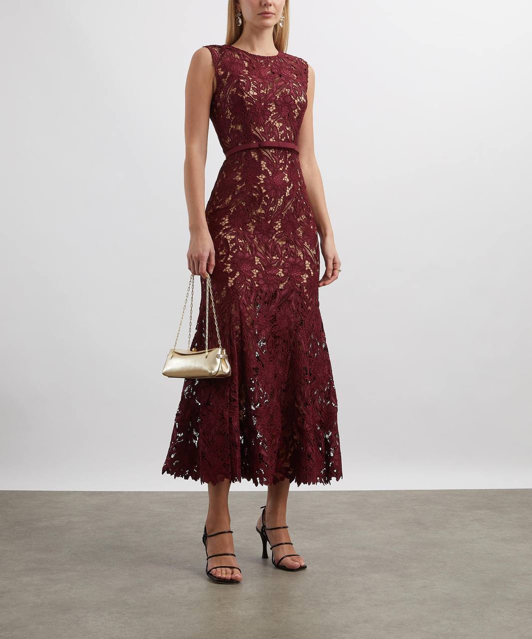 SP Burgundy Guipure Lace Mermaid Midi Dress