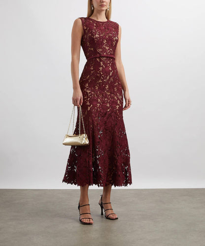 SP Burgundy Guipure Lace Mermaid Midi Dress
