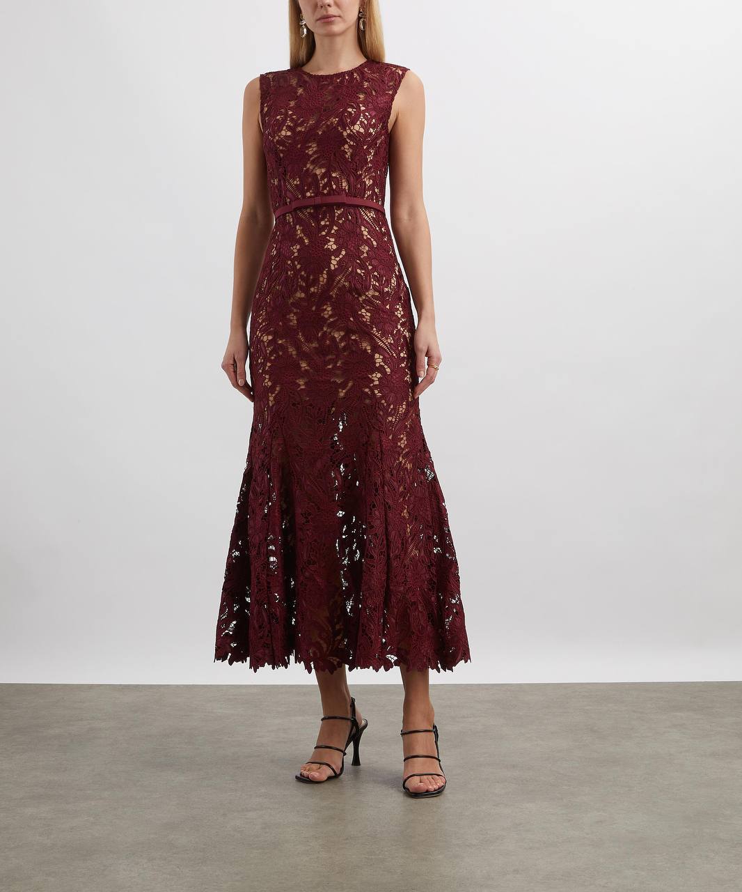 SP Burgundy Guipure Lace Mermaid Midi Dress