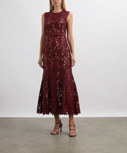 SP Burgundy Guipure Lace Mermaid Midi Dress