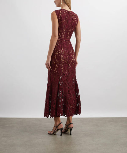 SP Burgundy Guipure Lace Mermaid Midi Dress