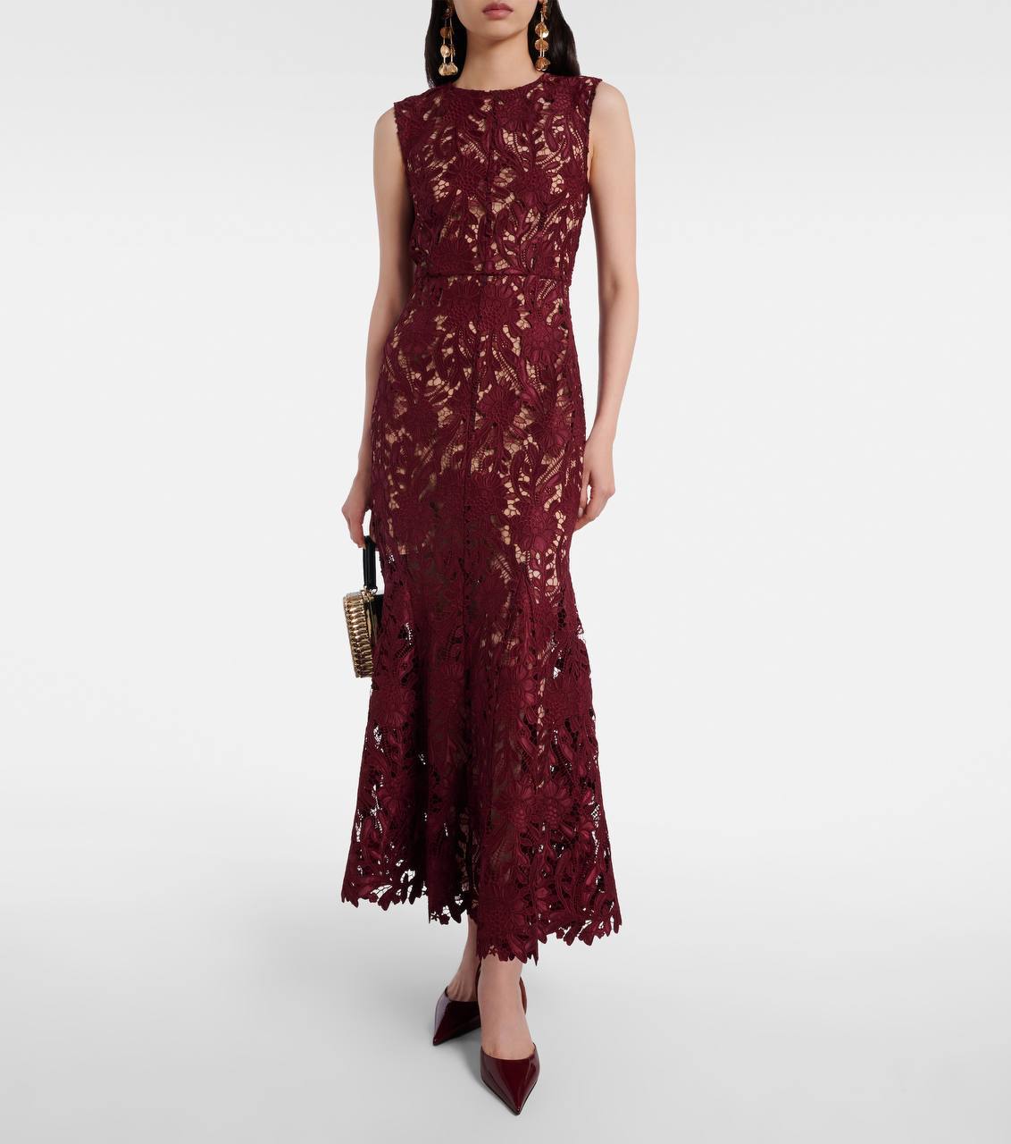 SP Burgundy Guipure Lace Mermaid Midi Dress