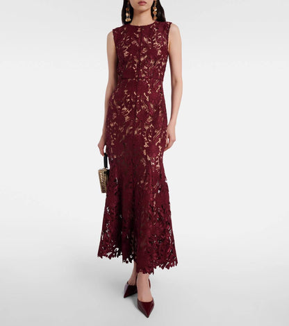 SP Burgundy Guipure Lace Mermaid Midi Dress