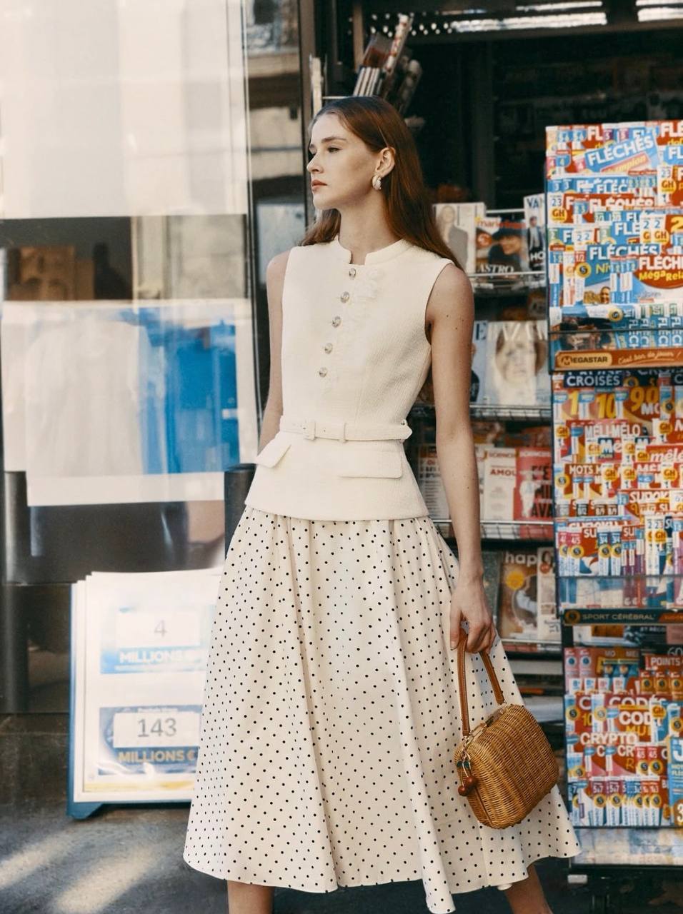 SP Cream Boucle Polka Dot Midi Dress