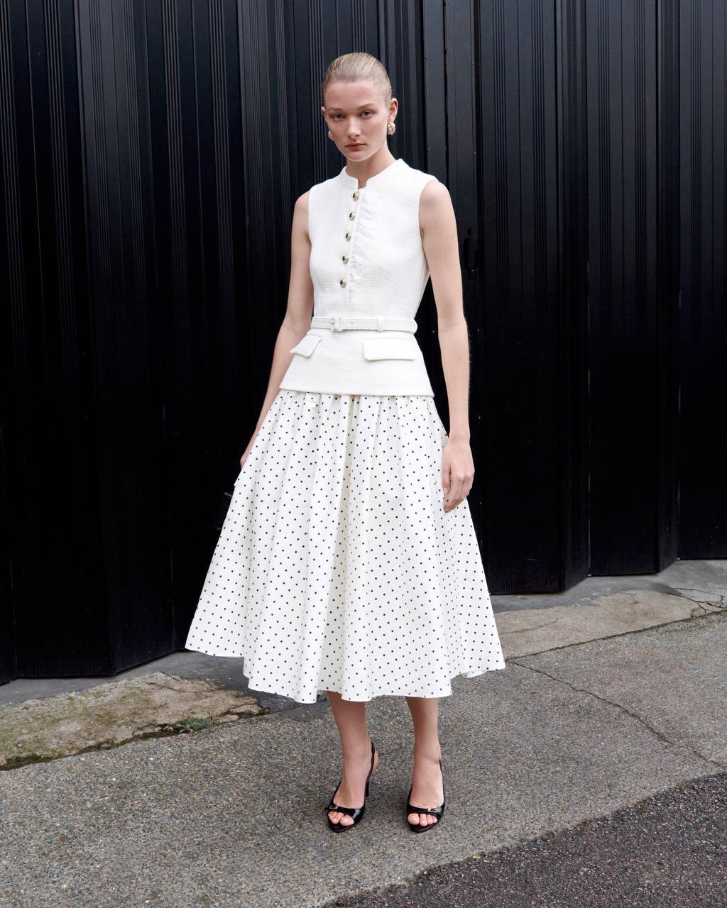 SP Cream Boucle Polka Dot Midi Dress