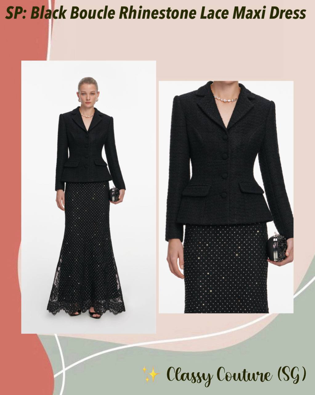 SP Black Boucle Rhinestone Lace Maxi Dress