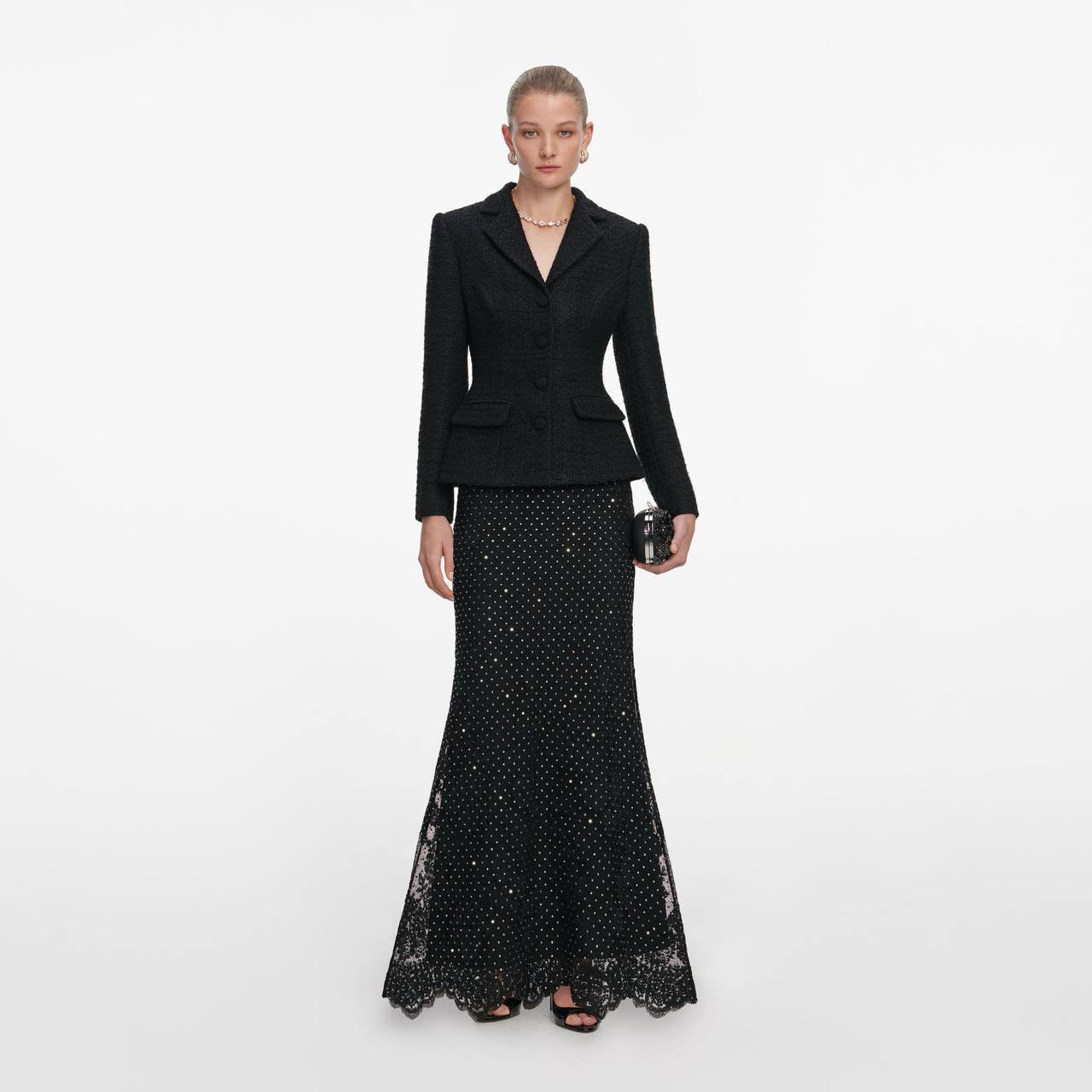 SP Black Boucle Rhinestone Lace Maxi Dress