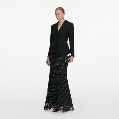 SP Black Boucle Rhinestone Lace Maxi Dress