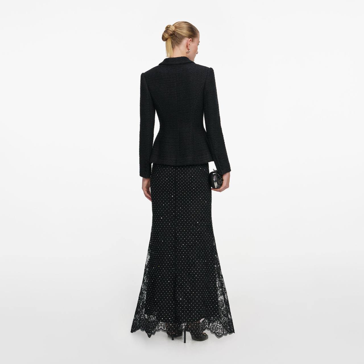 SP Black Boucle Rhinestone Lace Maxi Dress