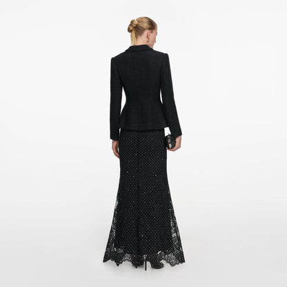 SP Black Boucle Rhinestone Lace Maxi Dress