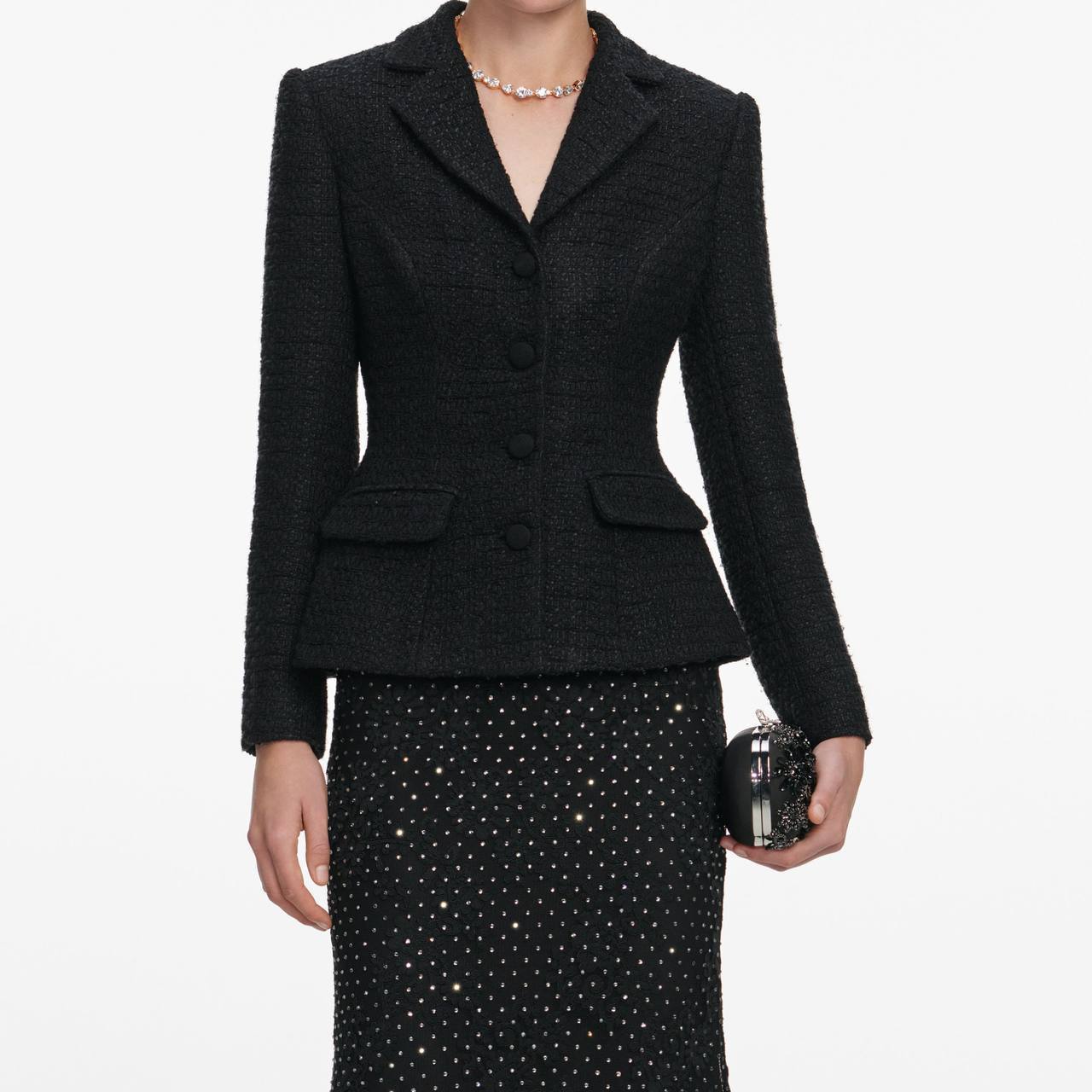 SP Black Boucle Rhinestone Lace Maxi Dress