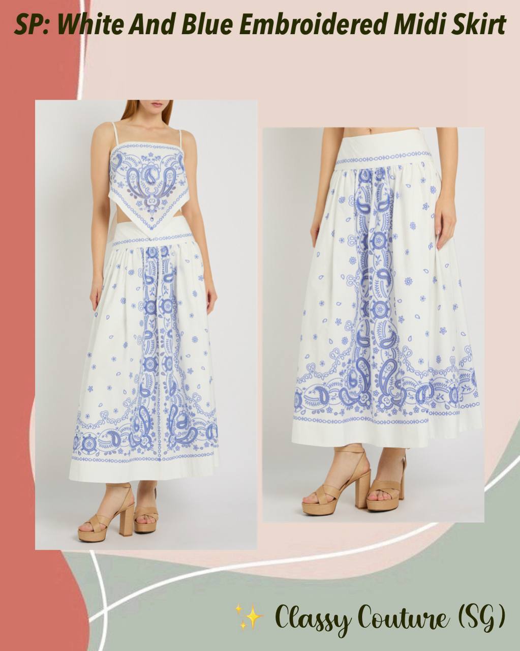 SP White And Blue Embroidered Midi Skirt