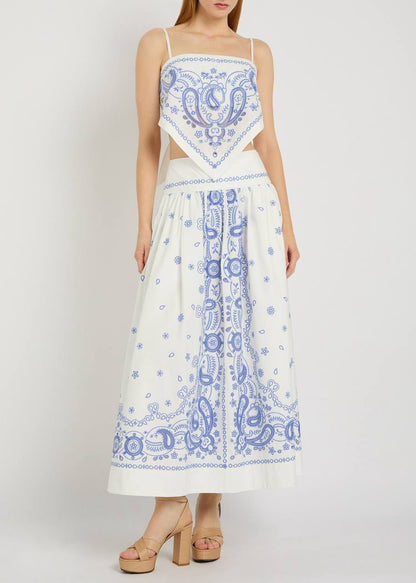 SP White And Blue Embroidered Midi Skirt