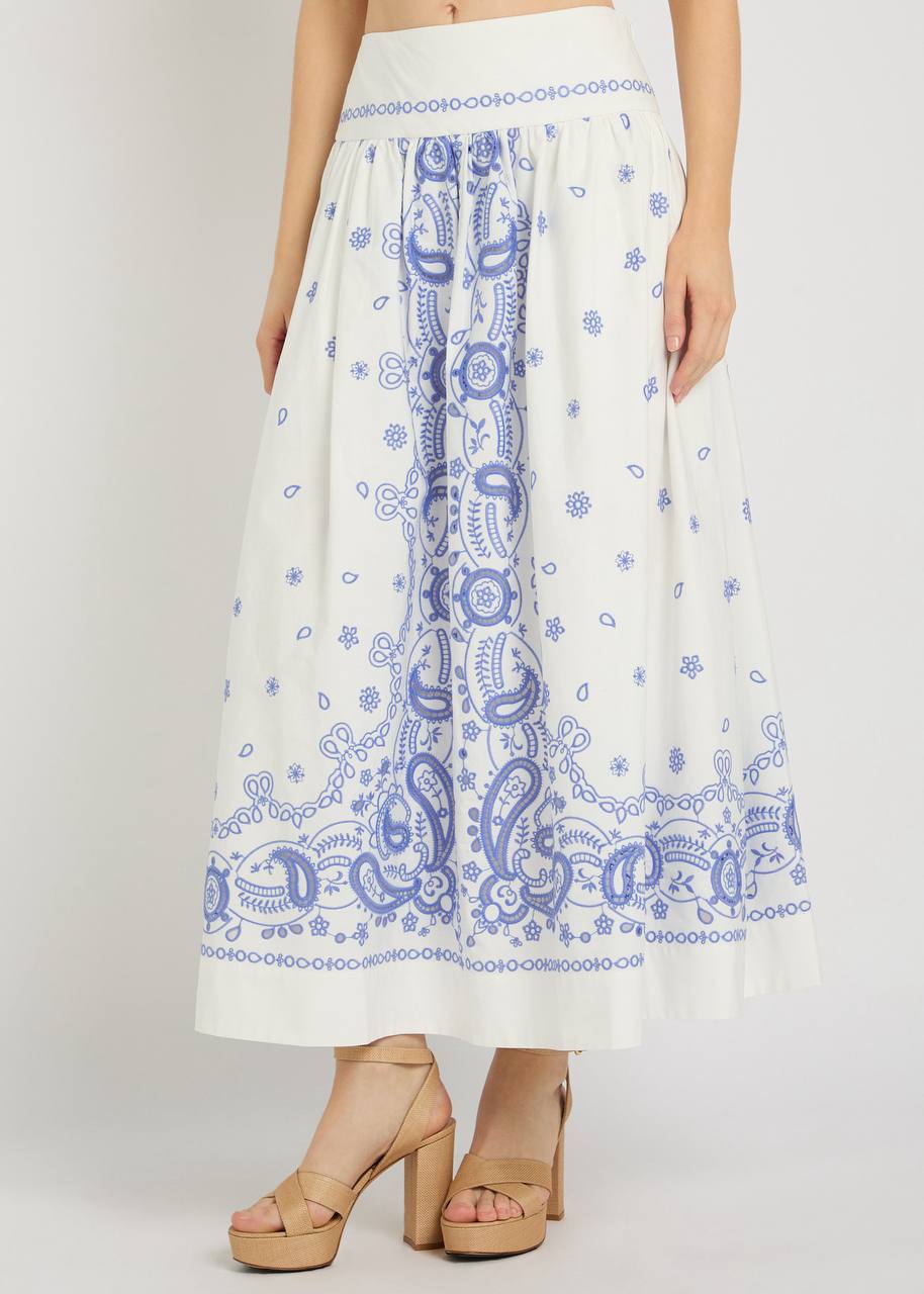 SP White And Blue Embroidered Midi Skirt