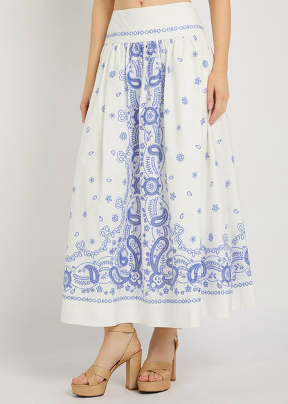SP White And Blue Embroidered Midi Skirt