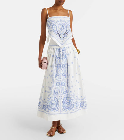 SP White And Blue Embroidered Midi Skirt