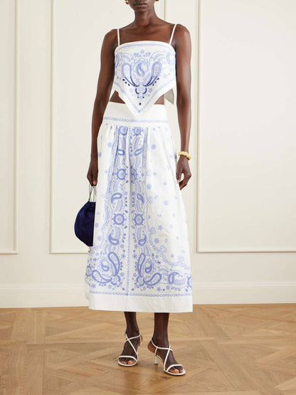 SP White And Blue Embroidered Midi Skirt