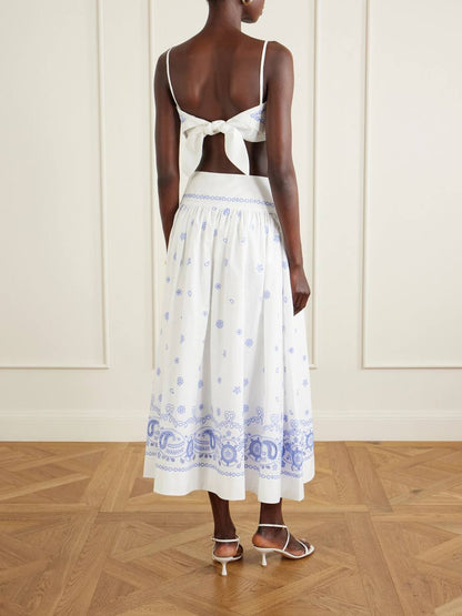 SP White And Blue Embroidered Midi Skirt