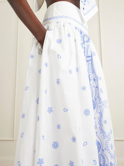 SP White And Blue Embroidered Midi Skirt