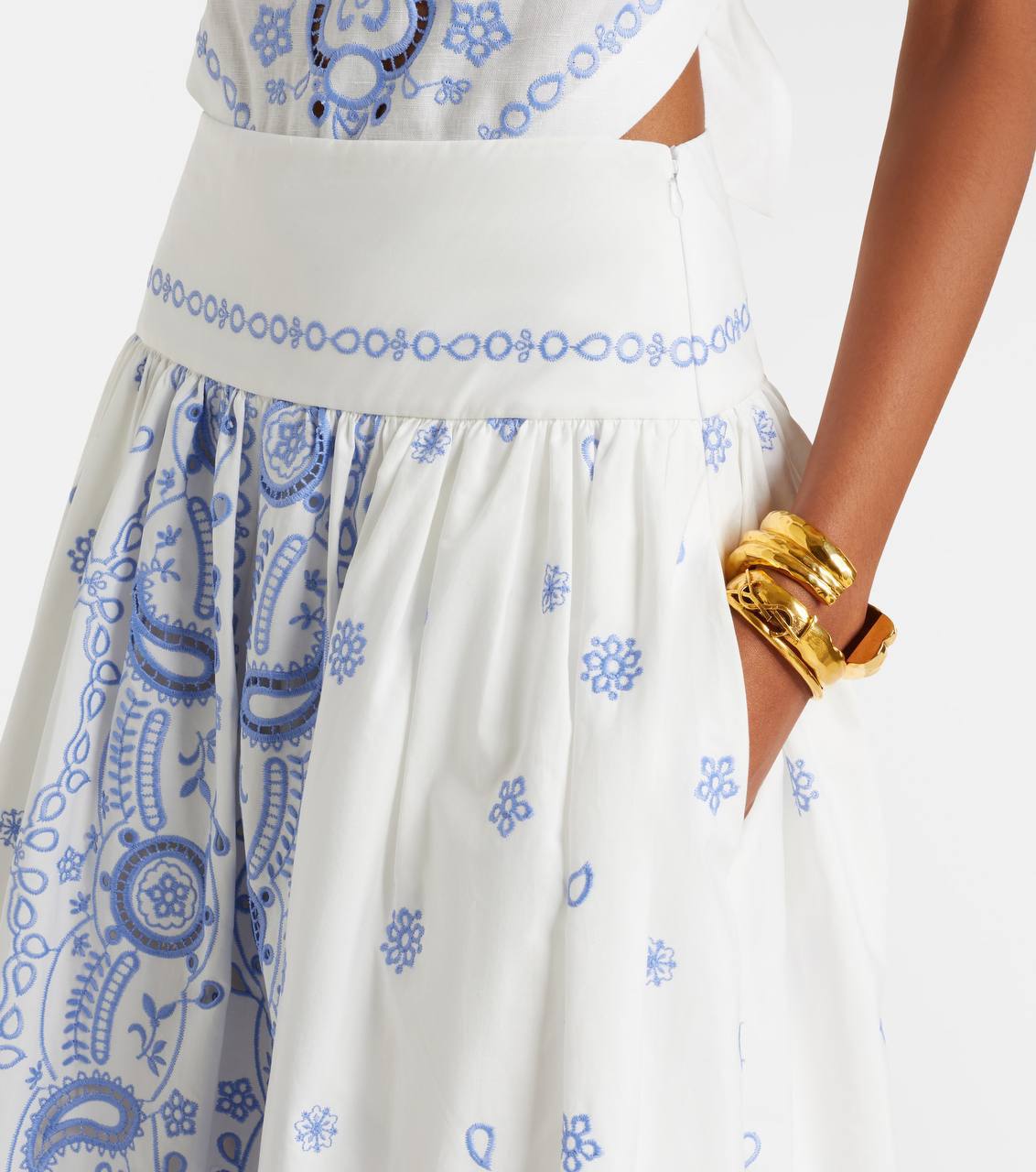 SP White And Blue Embroidered Midi Skirt