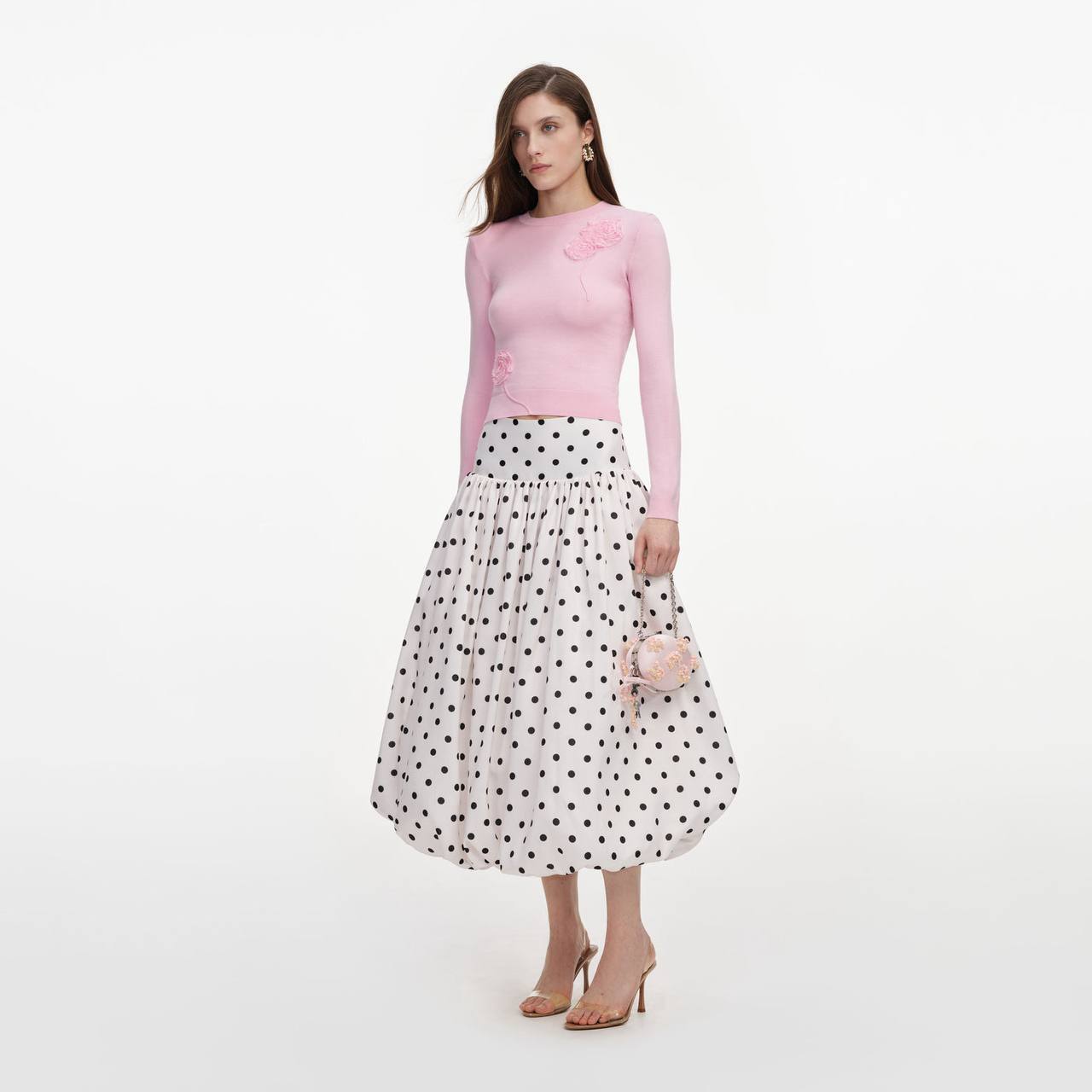SP Polka-Dot Bubble-Hem Woven Midi Skirt