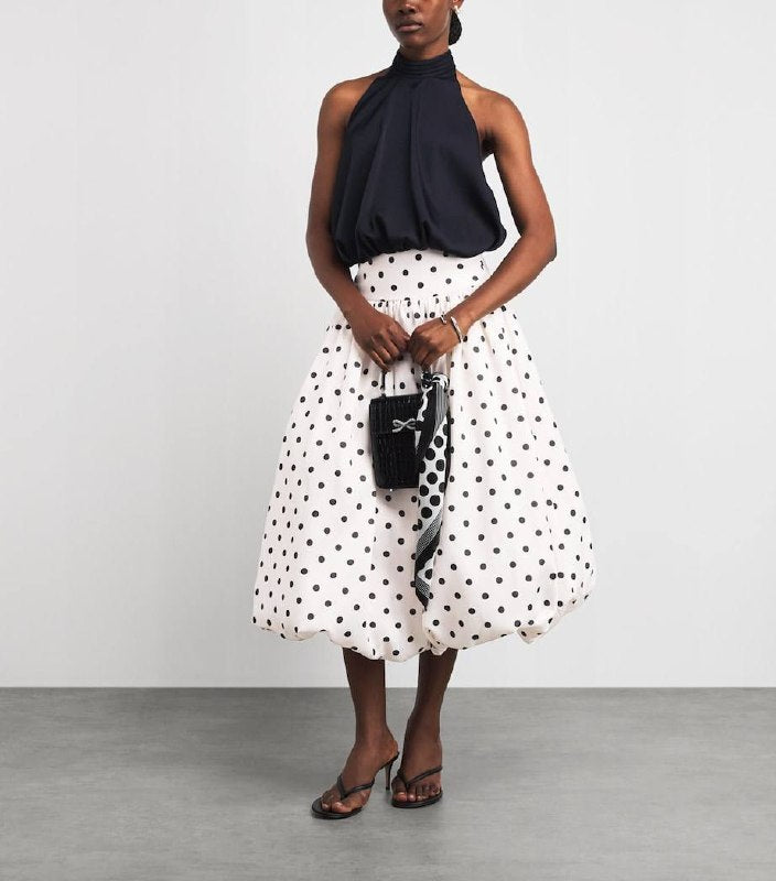 SP Polka-Dot Bubble-Hem Woven Midi Skirt