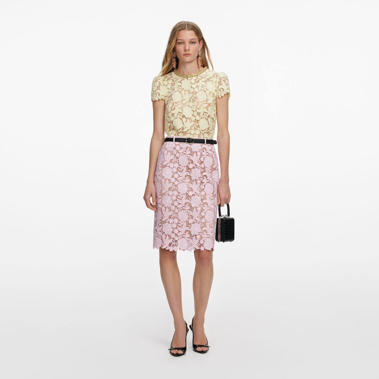 SP Yellow Lace Shirt | Pink Midi Skirt