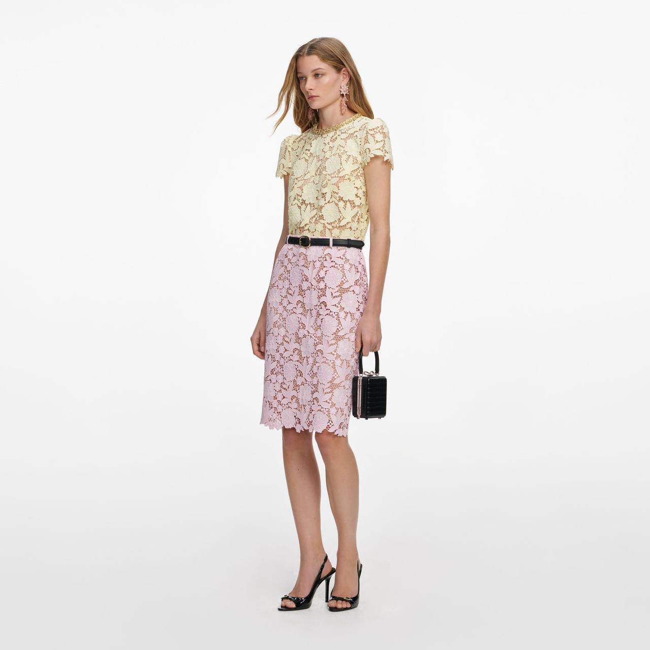 SP Yellow Lace Shirt | Pink Midi Skirt