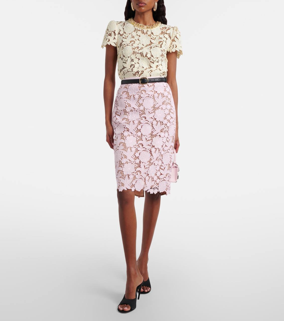 SP Yellow Lace Shirt | Pink Midi Skirt