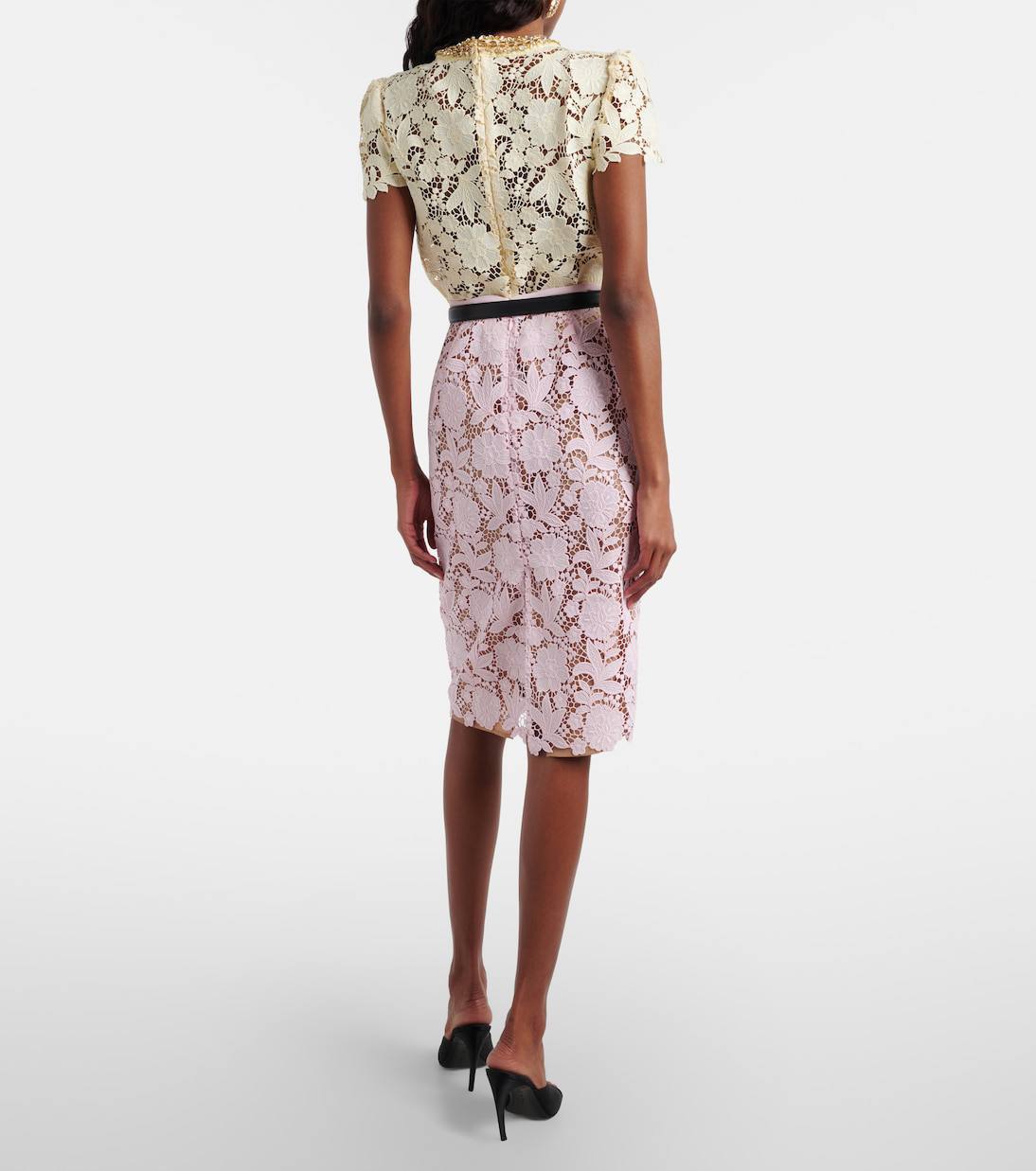 SP Yellow Lace Shirt | Pink Midi Skirt