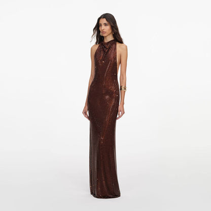 SP Brown Rhinestone Racerback Maxi Dress