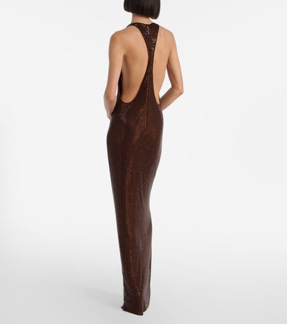 SP Brown Rhinestone Racerback Maxi Dress