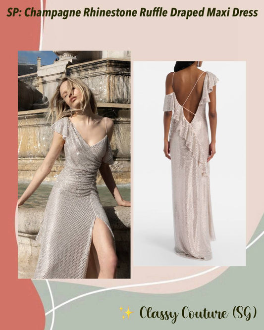 SP Champagne Rhinestone Ruffle Draped Maxi Dress