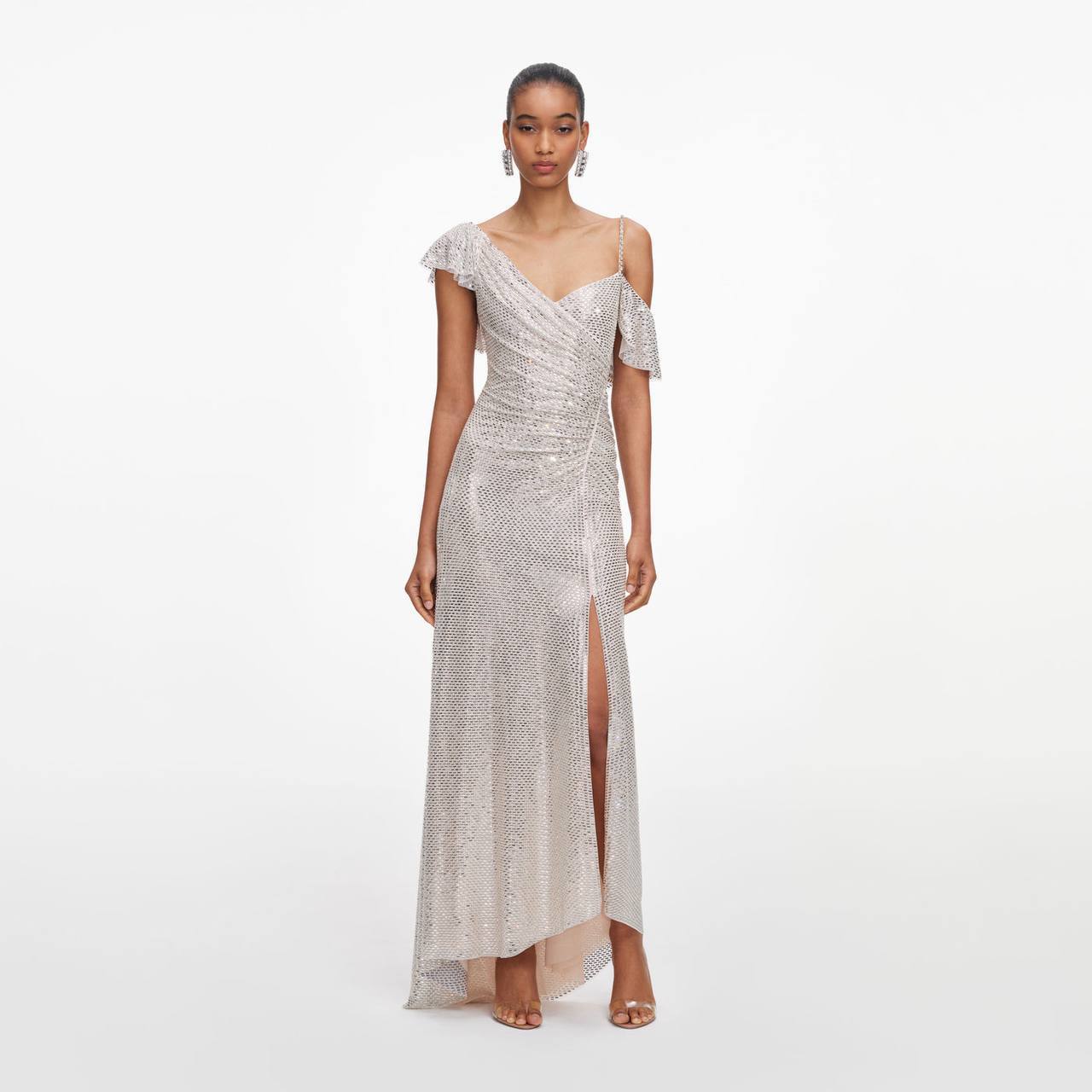 SP Champagne Rhinestone Ruffle Draped Maxi Dress