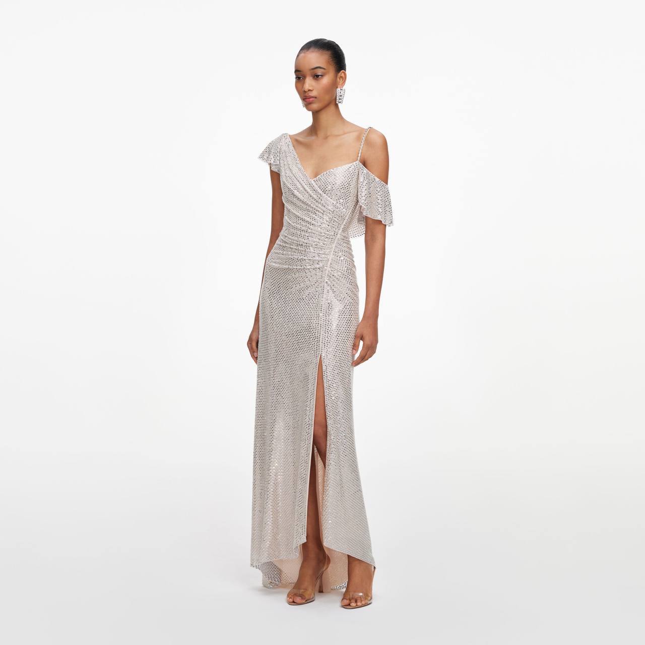 SP Champagne Rhinestone Ruffle Draped Maxi Dress