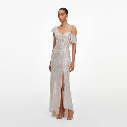 SP Champagne Rhinestone Ruffle Draped Maxi Dress