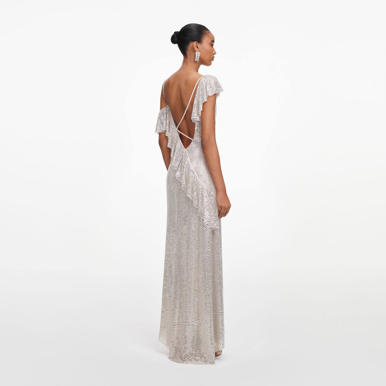 SP Champagne Rhinestone Ruffle Draped Maxi Dress