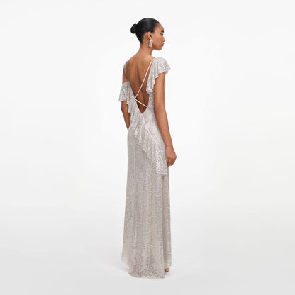 SP Champagne Rhinestone Ruffle Draped Maxi Dress