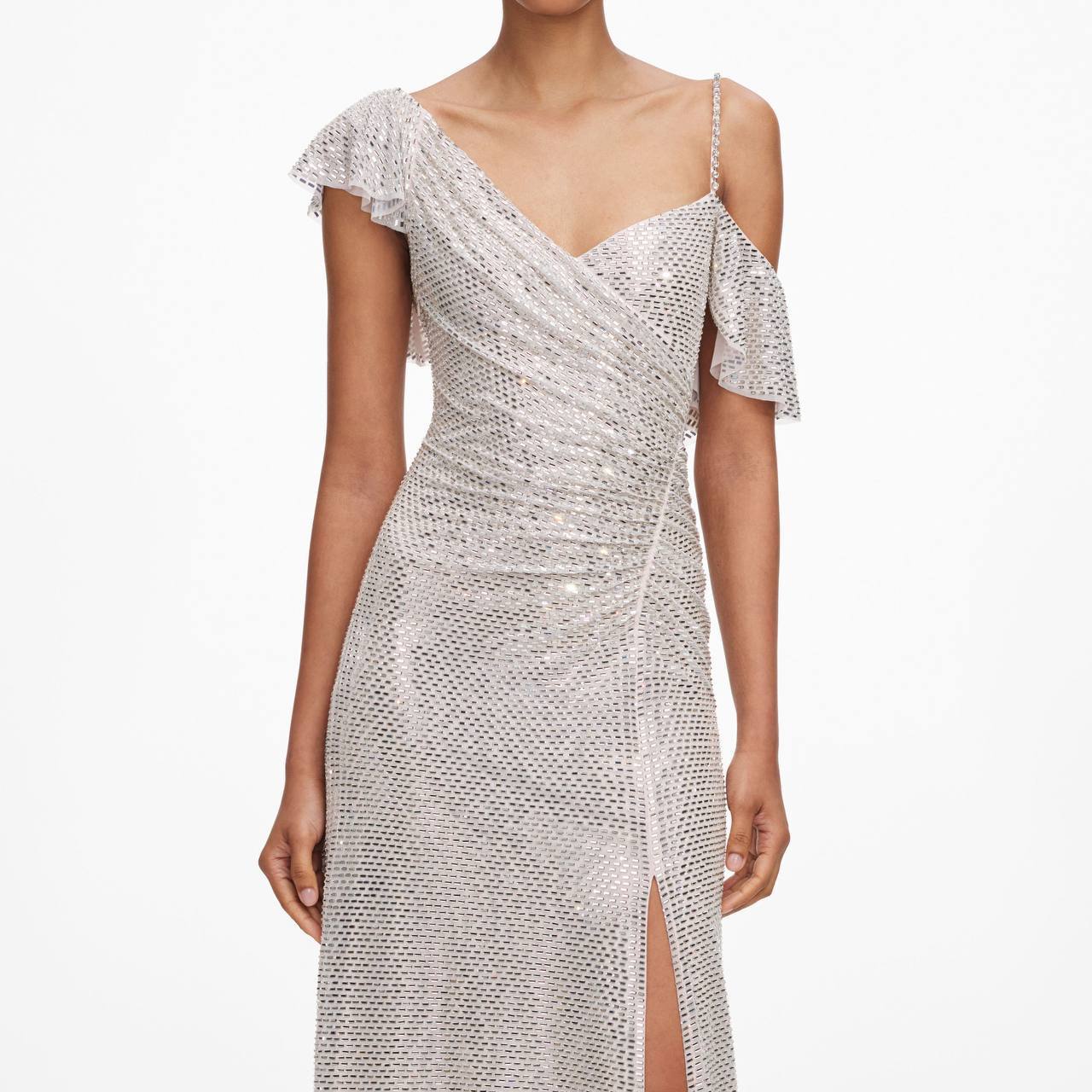 SP Champagne Rhinestone Ruffle Draped Maxi Dress