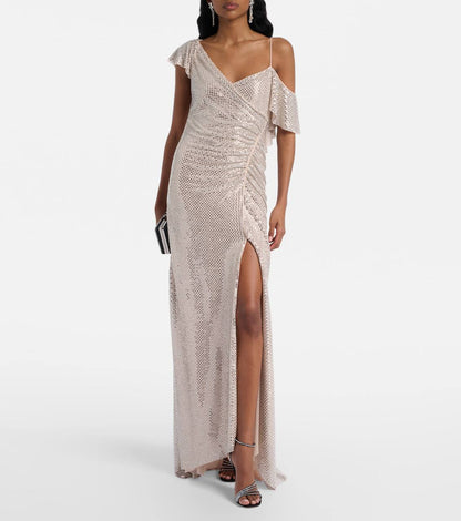SP Champagne Rhinestone Ruffle Draped Maxi Dress