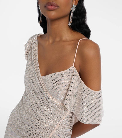 SP Champagne Rhinestone Ruffle Draped Maxi Dress