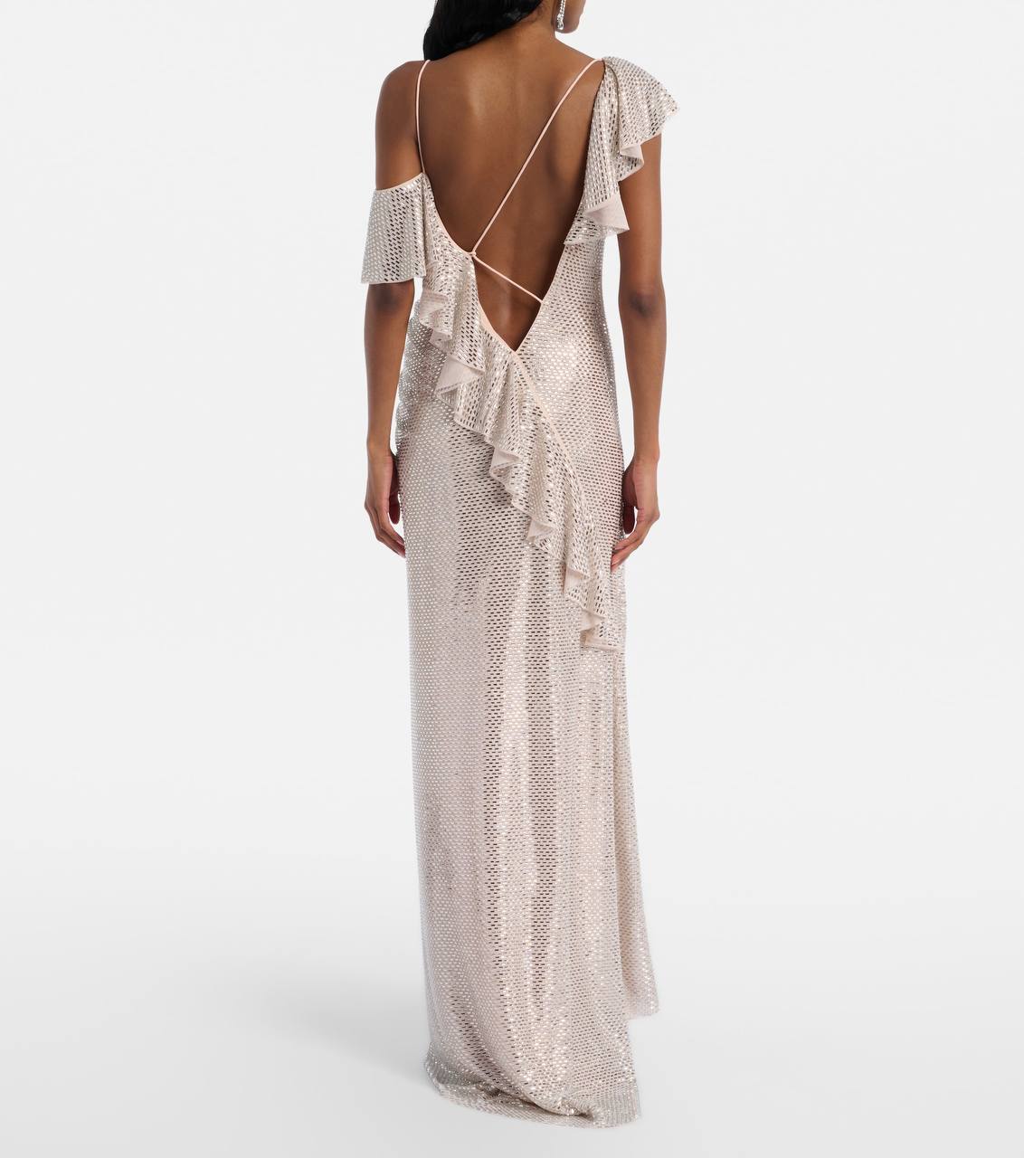 SP Champagne Rhinestone Ruffle Draped Maxi Dress
