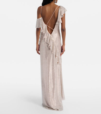 SP Champagne Rhinestone Ruffle Draped Maxi Dress