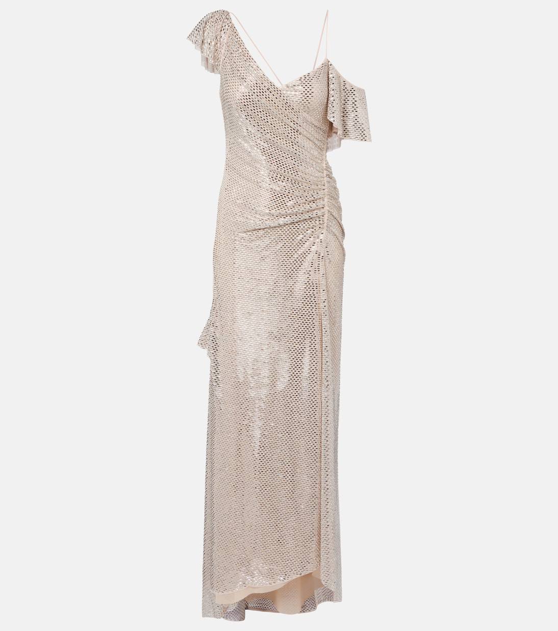 SP Champagne Rhinestone Ruffle Draped Maxi Dress