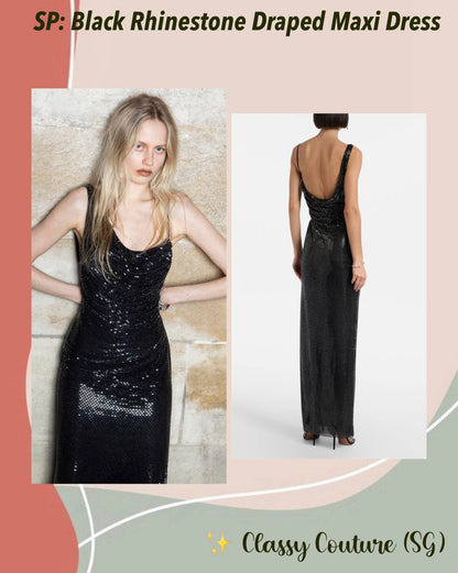 SP Black Rhinestone Draped Maxi Dress