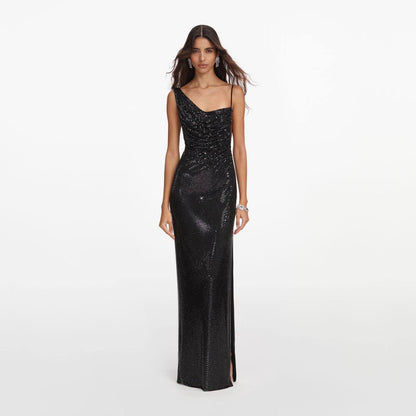 SP Black Rhinestone Draped Maxi Dress