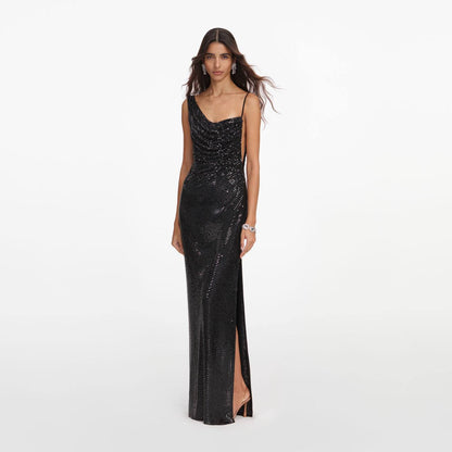 SP Black Rhinestone Draped Maxi Dress